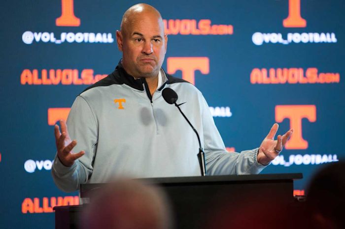 Former Tennessee HC Jeremy Pruitt during a press conference on August 1, 2019